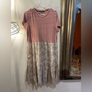 OOAK Upcycled chiffon skirt Red Striped and Floral Dress